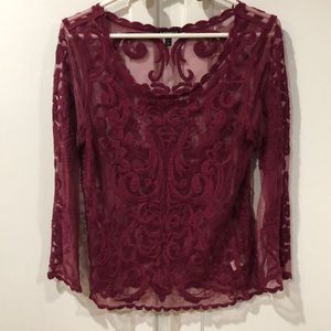 Sheer, lace, burgundy express top
